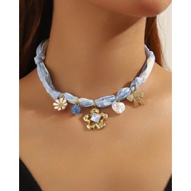Blue Scarf Necklace for Women Trendy Scarf Bow Flower Pearl Daisy Charm Necklace Adjustable Blue Silk Scarf Collar Choker Bohemian Party Daily Jewelry Accessories Gifts for Her