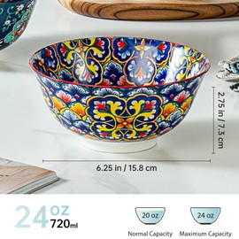 HENXFEN LEAD Boho Cereal and Soup Bowls Set of 6 – 24 oz Colorful Ceramic Bowl for Kitchen, Perfect for Oatmeal, Pasta, Salad, Dessert, Fruit – Microwave & Dishwasher Safe
