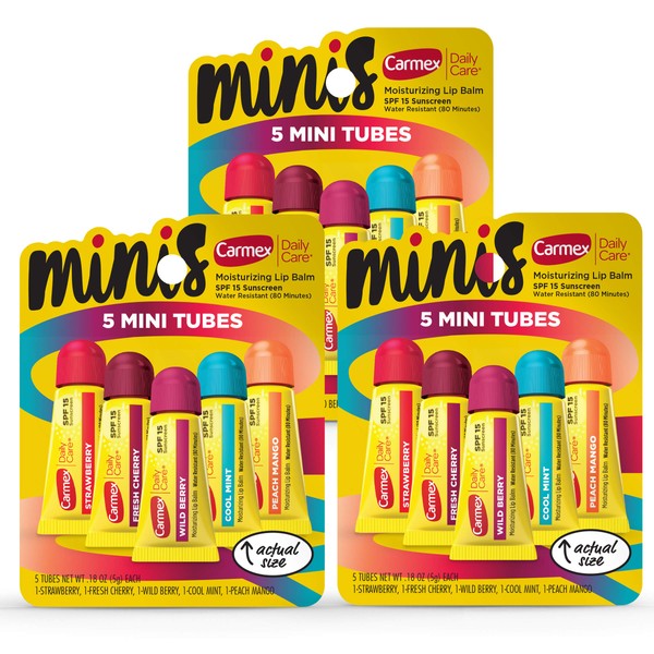Carmex Daily Care Minis Moisturizing Lip Balm Tubes with SPF 15, Strawberry, Cool Mint, Wild Berry, Peach Mango and Fresh Cherry Lip Balm Pack - 0.18 OZ Each, 5 Count (Pack of 3)