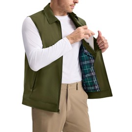 Rdruko Men's Golf Vest Lightweight Outerwear Windproof Water Resistant Grid Lining Vest with Zipper Pockets for Casual, Army Green, L