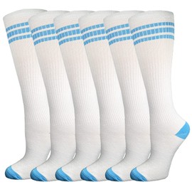 juDanzy 3 Pairs of Knee High Boys or Girls Stripe Team Tube Socks for Soccer, Basketball, baseball and Everyday Wear, White With Columbia Blue Stripes 4-6 Years