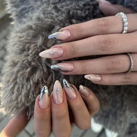 Almond Press on Nails Silver Fake Nails French Tip False Nails Shiny Rhinestone Star Design Medium Full Cover Glossy Acrylic Nails for Women 24PCS