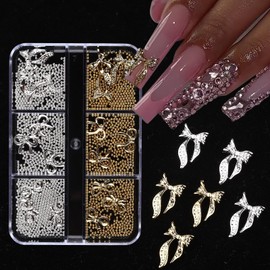 Jremg 6 Girds Alloy Gold Bow Nail are Charms, 3D Cute Bowknot Nail Rhinestones Silver Gold Bow Tie Nail Gems Bow Ribbon Nail Jewelry Small Gold Silver Bead Nail Supplies for DIY Nail Art Decoration