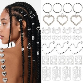 106 PCS Silver Hair Jewelry Clips The Heart Shape Themed for Braids Cuffs Loc Charms Accessories Rings Pendant Metal Jewelry Decoration