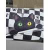 Livel lhood 異瞳黒猫プリント 化粧ポーチ コンパクト収納 リストストラップ付 猫好きへのギフト 小物整理袋 チェッカー柄猫イラスト メイクポーチ