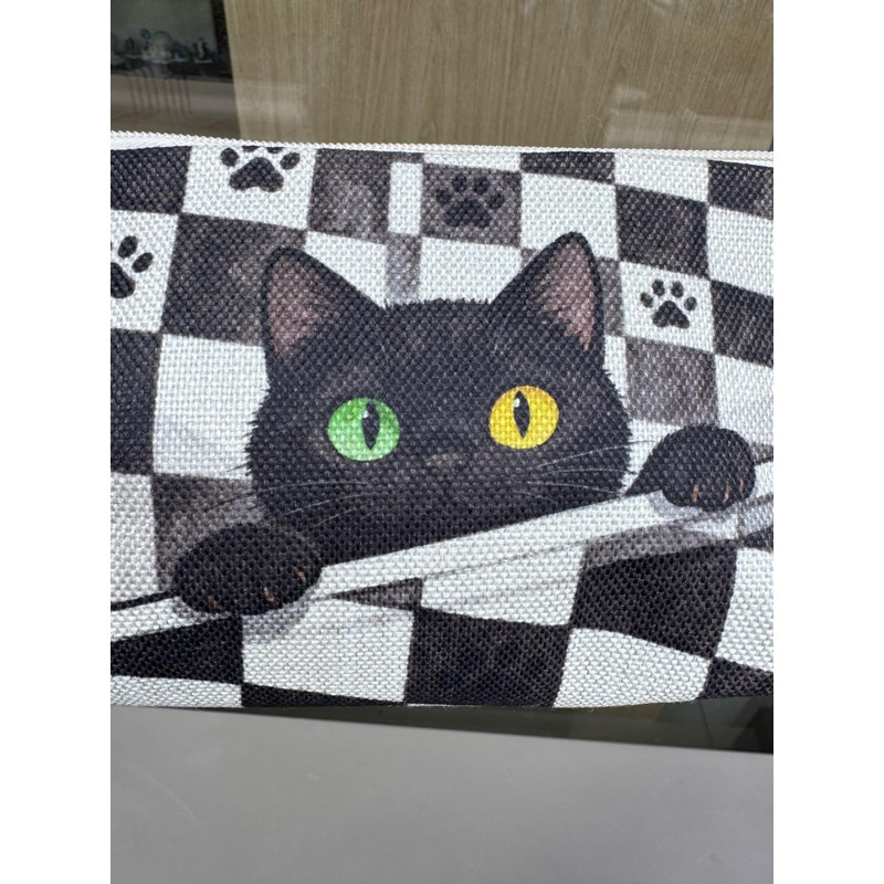 Livel lhood 異瞳黒猫プリント 化粧ポーチ コンパクト収納 リストストラップ付 猫好きへのギフト 小物整理袋 チェッカー柄猫イラスト メイクポーチ