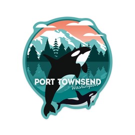 Die Cut Sticker Port Townsend, Washington, Orca Whale and Calf, Vector, Contour Vinyl Sticker 1 to 3 inches (Waterproof Decal for Cars, Water Bottles, Laptops, Coolers), Small