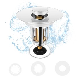 Herogo Universal Bathroom Sink Drain Stopper for Vessel Sink Lavatory Vanity Holes, Pop-Up Basin Brass Bounce Core Bathtub Stopper Sink Drain Strainer Cover with Basket Hair Catcher Filter, Silver