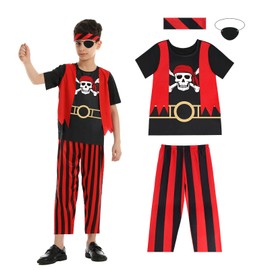 Aomig Kids Pirate Costume Set, Pirate Fancy Dress Costume for Boys, Pirate Capitain Outfit Set Includes Top, Pants, Eyepatch, Headband, Pirate Role Play Dress Up for Birthday Party Holloween(S)