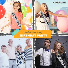 CORRURE 'Birthday ' Sash Glitter with Black Foil - Silver Glitter Happy Birthday Sash for Women - Party Favors Supplies and Decorations for Sweet 16, 18th 21st 30th 40th or Any Bday Party