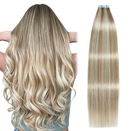 SUYYA Tape in Hair Extensions Human Hair Ash Blonde Highlighted Bleach Blonde 14 Inch 40g/pack 20pcs Straight Seamless Skin Weft Tape in Real Human Hair Extensions(14inch #P18/613)