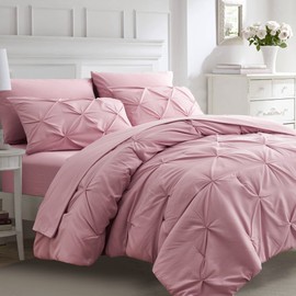 Ubauba 5pc Twin Comforter Set for Girls with Sheets, Blush Pintuck 5 Piece Bed in a Bag Set, Soft Pinched Pleat All Season Twin Size Bedding Sets (Pink,Twin)