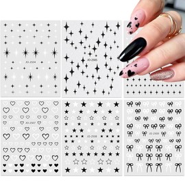 6 hojas de pegatinas para decoración de uñas con lazo de estrella, color blanco y negro, autoadhesivas 3D, con forma de corazón y nudo de lazo, pegatinas de diseño de uñas con purpurina de estrellas