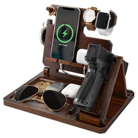 Roylvan Multifunctional Wooden Gun Rack, Durable Nightstand Organizer with Pistol Rack for Phone Wallet Ring Key Military Watch Pistol Display Stand Gun Gifts for Men Husband Dad Boyfriend, Dark Brown