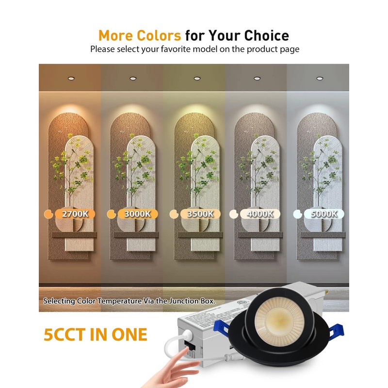 Adetu 2 Inch 5CCT Gimbal Black Led Recessed Lighting with