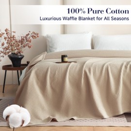 Simple&Opulence 100% Cotton Waffle Weave Blanket King Size 104"x90", Soft Lightweight Breathable Cozy Washed, Luxury Layer Throw Blanket for Couch Bed, Farmhouse Home Decor for Adult All-Season, Khaki