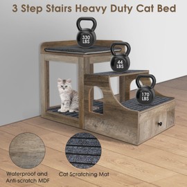 SEPTBOT Cat Window Perch with Removable Stairs, Large Pet Bunk Bed with Drawer and Cushion for Cats and Dogs, Strong Frame Pet Bed for Bedside, Home, Indoor, Grey