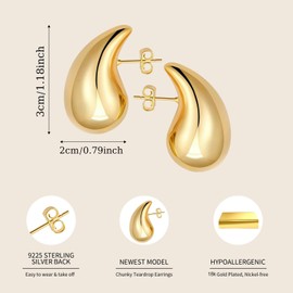 YHT 18K Hypoallergenic Gold Plated Earrings for Women,Girls and Men,Waterdrop Teardrop Hollow Hoops,Chunky Gold Earrings are Fashion Jewelry Gift