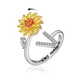 VYYU Fidget Ring with Beautiful Sunflower & Initial Letter ABC to XYZ - You are My Sunshine Anxiety Relief Stress Open Rings | Reliever Spinner Stress Relief Sunflower Gifts for Women Wife Daughter, V