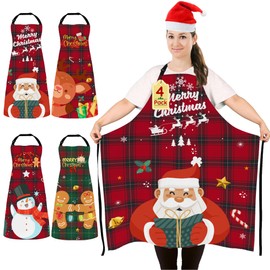 Pack of 4 Plus Size Christmas Apron Funny Christmas Cooking Apron for Women Men Adjustable Kitchen Aprons Waterproof Apron for Kitchen Baking Christmas Party Christmas Gift Checked