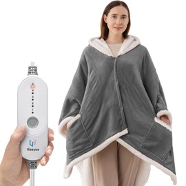 Wearable Heated Throw Blanket, Heated Shawl Electric Wrap Poncho with Hood & Pockets for Women & Men, 5 Heat Settings, 3H Auto-Off, Machine Washable, ETL Certified, Gift-Ready, 56x63, Light Grey