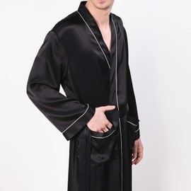 COLD POSH Men's Real Silk Robe Luxury Lightweight Bathrobe for Men Long Sleeve Mulberry Silk Sleepwear,Black,L