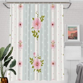 Batmerry Shabby Chic Roses Decor Shower Curtain, Vintage Floral Stripes Polka Dot Laces Bathroom Decor Polyester Fiber Plastic Rings Quick-Drying Waterproof for Bathtubs/Bathroom, 72x60 inches