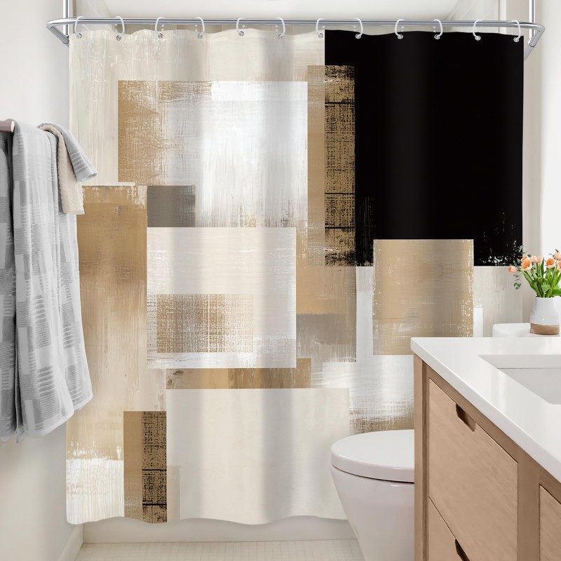 Black Brown Abstract Geometry Modern Tan Bathroom Shower Curtain Set
