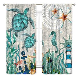 Cortinas de tortugas marinas, costeras, náuticas, playa, algas, caballito de mar, barra, bolsillos para ventana, para recámara, sala de estar, baño, cortinas opacas con animales, azul océano, 42 x 54