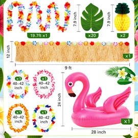 WinnerWhy 29 Pcs Summer Tropical Golf Cart Parade Decorations Tropical Flower Leis Tinsel Garland Grass Fringe Banner Inflatable Flamingo Tube Paper Pineapples Leaves for Luau Party Supplies Decor