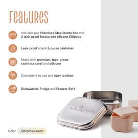 Miniware GrowBento Box and 2 Silipods | Durable 304 Stainless Steel Lunch Box and Leakproof Silicone Storage Containers Set | Grows from Baby Purees to School Lunches (Steel + Peach)