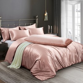 Ersmak 6 Pieces Satin Duvet Cover King Size Luxury Silky Bedding Duvet Cover Set with 1 Soft Duvet Cover, 4 King Pillowcases and 1 Body Pillowcase, Champagne