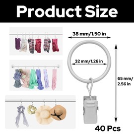 40Pcs Curtain Rings with Clips, White Premium Drapery Clips with Rings, Hangers Drapes Ring 1.26 inch Interior Diameter, Fits up to 1 inch Curtain Rod