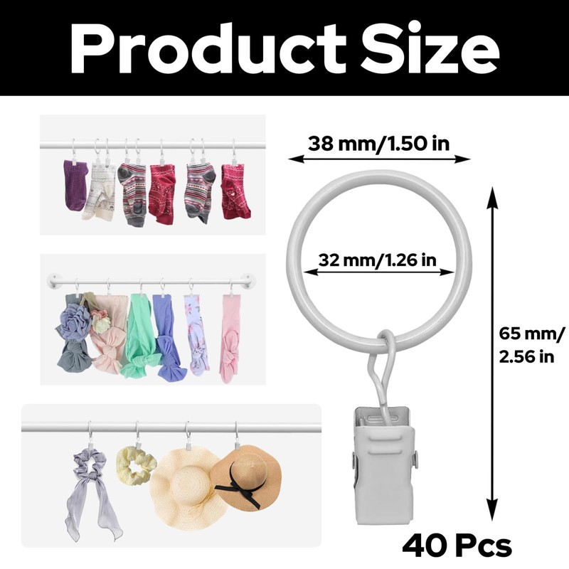 40Pcs Curtain Rings with Clips, White Premium Drapery Clips with