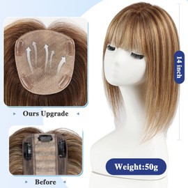 HAIRCUBE 5"*5.5" Skin Scalp Base Hair Toppers for Women Real Human Hair，12 inch Middle Brown with Blonde Highlight 100% Human Topper With Bangs for Women with Thinning Hair Cover Grey Root