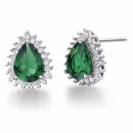 Uloveido Dark Green Teardrop Cubic Zirconia Crystal White Gold Plated Earrings Studs for Women R815