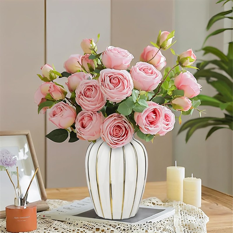 White & Gold Ceramic Flower Vase - 7.8" Modern Vertical