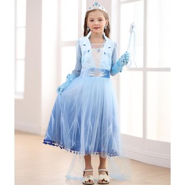 Snyemio Elsa Princess Dress Up for Girls Fancy Kids Costume with Accessories Carnival Cosplay Birthday Party Outfit, Blue, 3-4 Years(Tag 110)