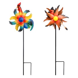 XMSW Handicrafts Wind Spinner 7.5 Inch Garden Set of 2 Wind Spinners Decor Iron Craft Animal Windmill for Outdoor Dynamic Whirligigs Wings Metal Garden Yard Stakes (Rooster & Bird)