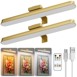 Little Joke Picture Lights for Wall Battery Operated, 2-Pack 16in Magnetic Rechargeable Picture Light with Remote, Dimmable, Timer Painting Light,Art Display Light for Picture Frame Artworking Portrait, Gold