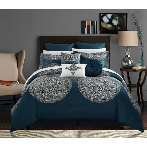 Chic Home CS2687-AN Chic Home 9 Piece Orchard Place Faux Silk Luxury Large Medalion Jacquard with Embroidery Details and Trims Queen Comforter Set Blue