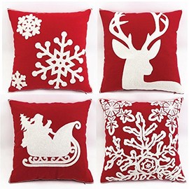 WOMHOPE Pack of 4 Christmas Pillow Covers Embroidery Sleigh Snowflakes Winter Decorative Square Cushion Covers Shells 18 X 18 Inches for Bed,Sofa,Couch (B (Set of 4) Red)