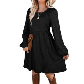 Aokosor Aokosor Black Midi Dresses for Women Long Sleeve Knit Dress Knee Length Babydoll Tunic Dresses Size 10-12