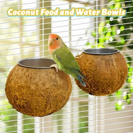 Apatal Coconut bird Feeder Bowl Set of 2 Durable Stainless Steel Dish Hanging Parakeet Cage Bowls with Feeding Spoon Natural Parrot Water Cup for Cockatiels Parakeets Budgies Lovebirds Parrots Finches