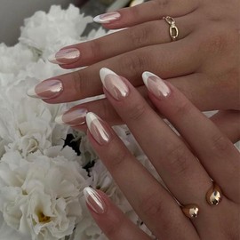 BABALAL Press on Nails Medium Almond Fake Nails White French Tip Glue on Nails Chrome Aurora Design Acrylic Nails 24Pcs Stiletto Artificial False Nails for Women and Girls Manicure Nails Stick on