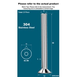 Drenky Pack of 25 M6 x 50 mm Countersunk Screws Stainless Steel V2A VA A2 Countersunk Screws with Hexagon Socket DIN 7991 / ISO 10642 Thread Screws Rustproof Silver Screws Metric Standard Thread