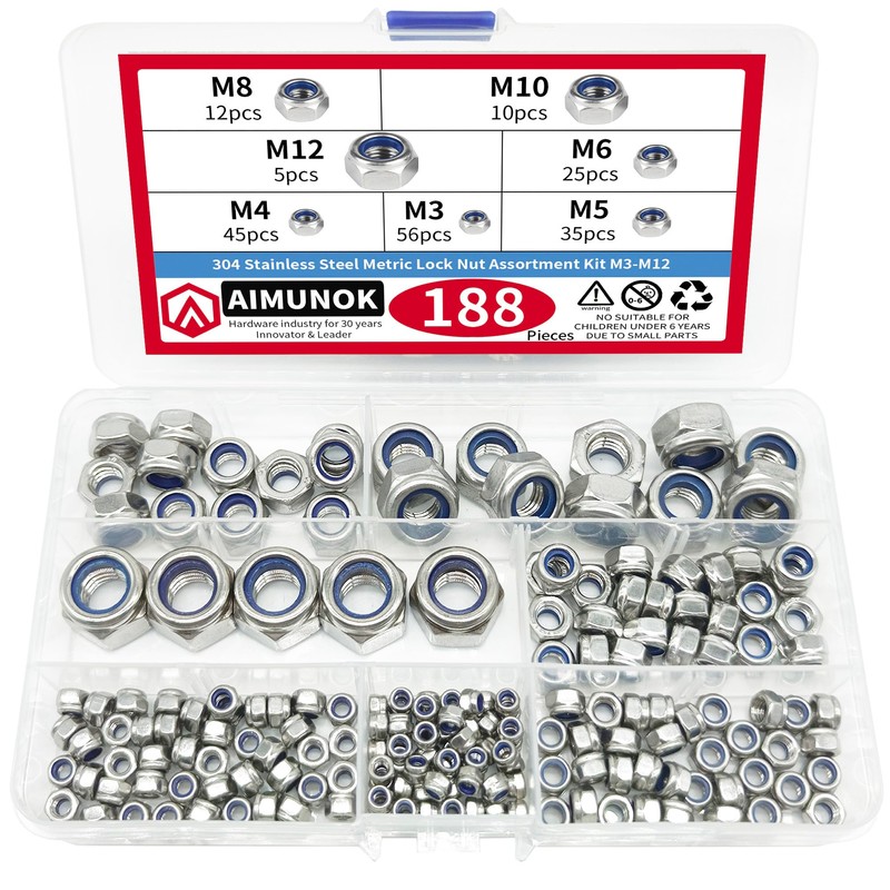 188pcs 304 Stainless Steel Lock Nut Assortment Kit Perfect for