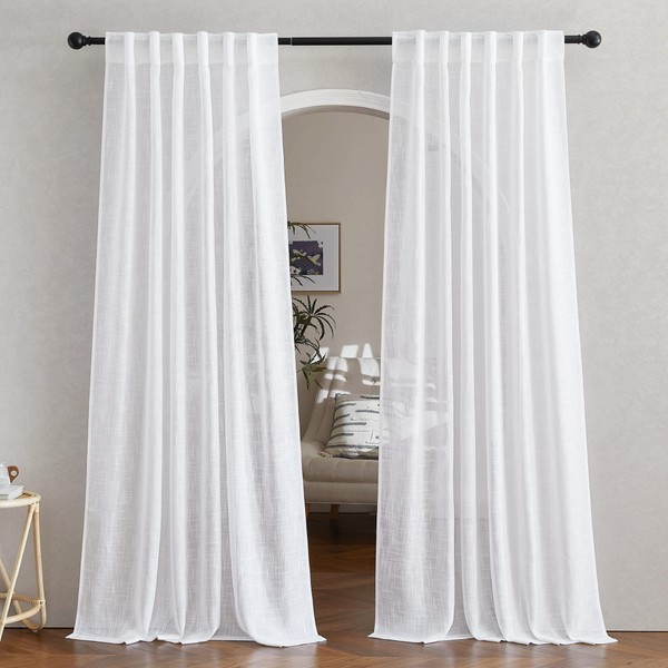 NICETOWN White Linen Sheer Curtains and Drapes 84 inches Long, Rod Pocket & Back Tab semitransparent with Light Through Vertical Window Treatments for Sliding Glass Door & Living Room, 52"W, Set of 2