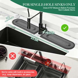 KitchifyMaers Faucet Mat for Kitchen Sink with Airflow Silicone Sleeve, Instant-Dry Diatomaceous Stone Sink Protector Tray Around Faucet for Kitchen, Bathroom, RV (Black Circle, 23.2" x 3.9" x 0.47")