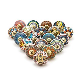 FOLK CRAFT Door Knobs and Pulls - Assorted Multicolour Decorative Ceramic Knob for Drawer, Cupboard, Cabinet Handle with Brass Steel Hardware - Pack of 20